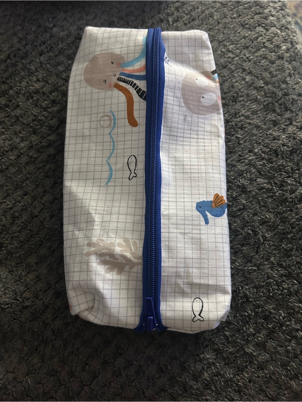 Hand Crafted White Pencil Pouch with Blue Zipper and Multicolor Sea Motifs